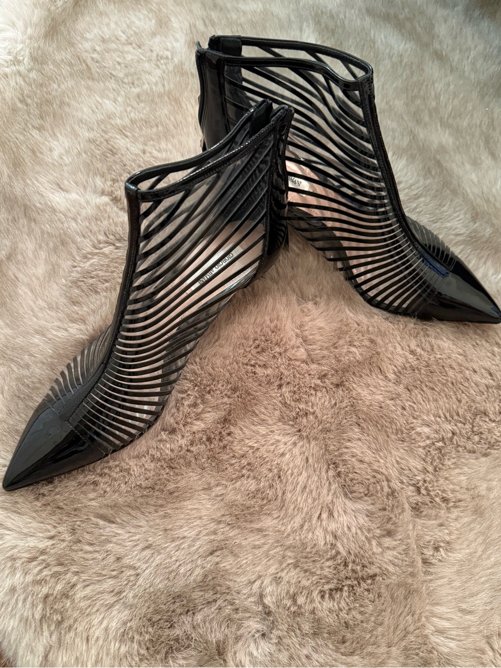 Giorgio Armani Black Striped Patent Leather Transparent Pointed-Toe Women's Boot - Picture 2 of 12